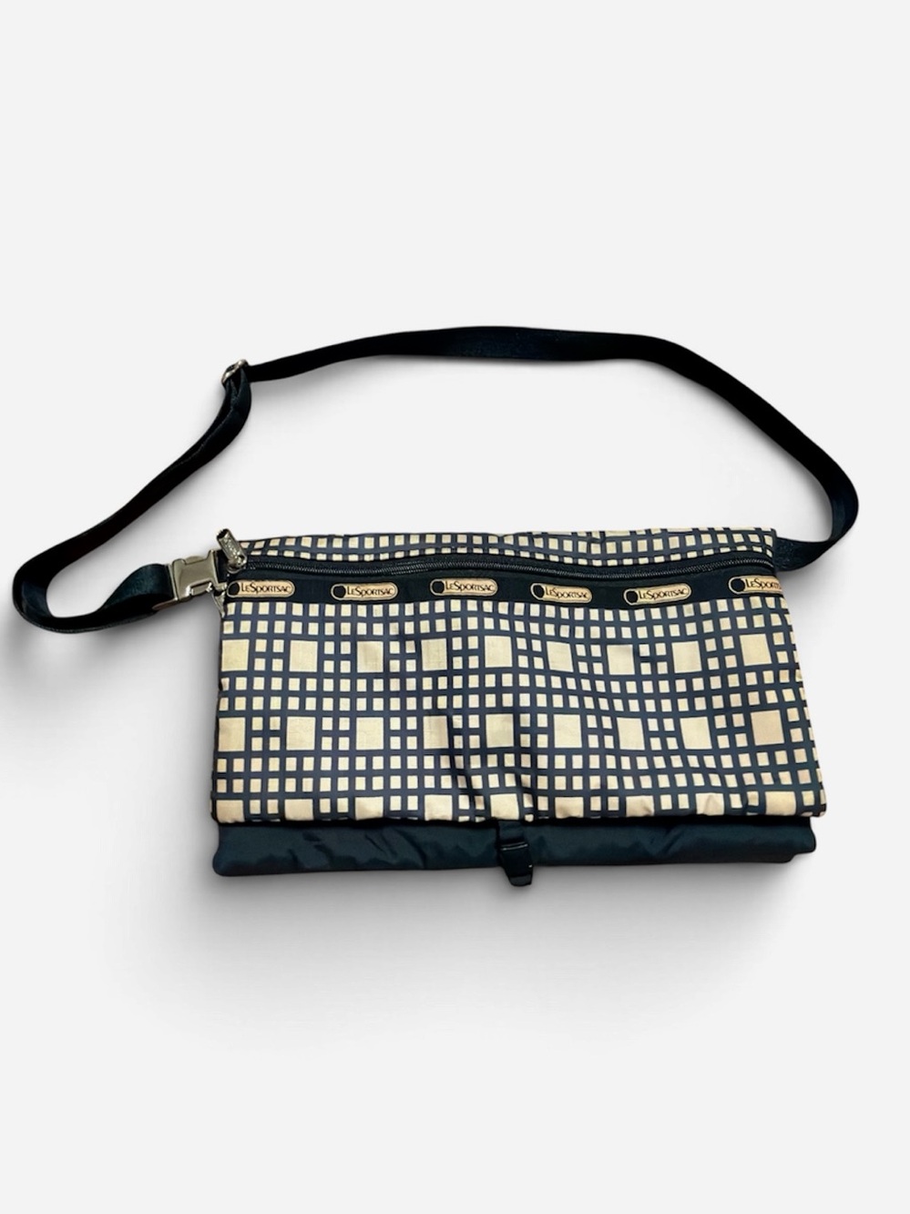LeSportsac Black Cream Geometric Foldover Crossbody Purse
